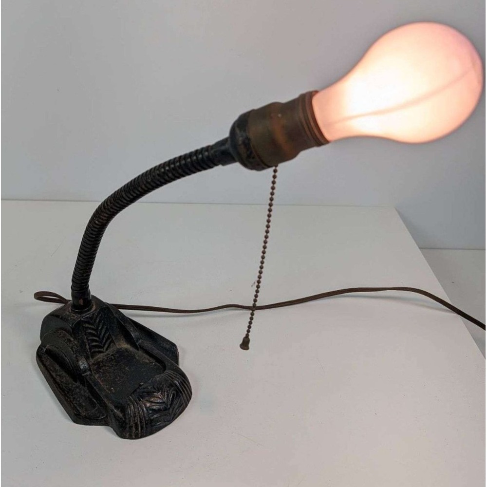 Vintage Working Art Deco Industrial Gooseneck Desk Lamp Light Cast Iron Base